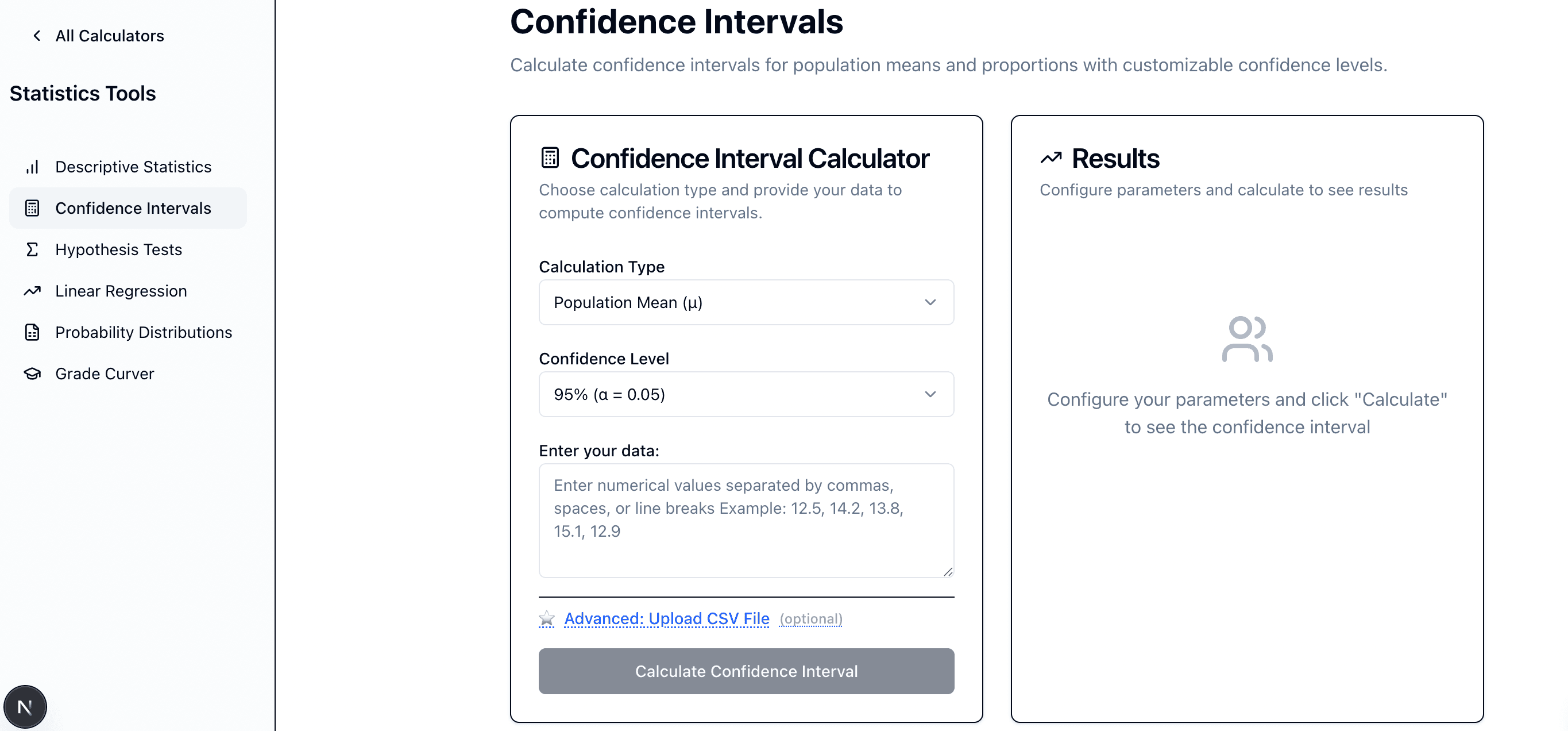 Confidence interval calculator interface