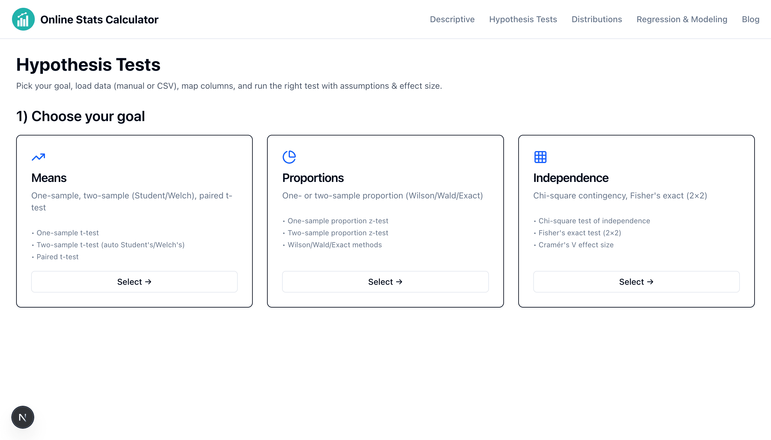 Hypothesis testing calculator showing goal selection with Means, Proportions, and Independence cards