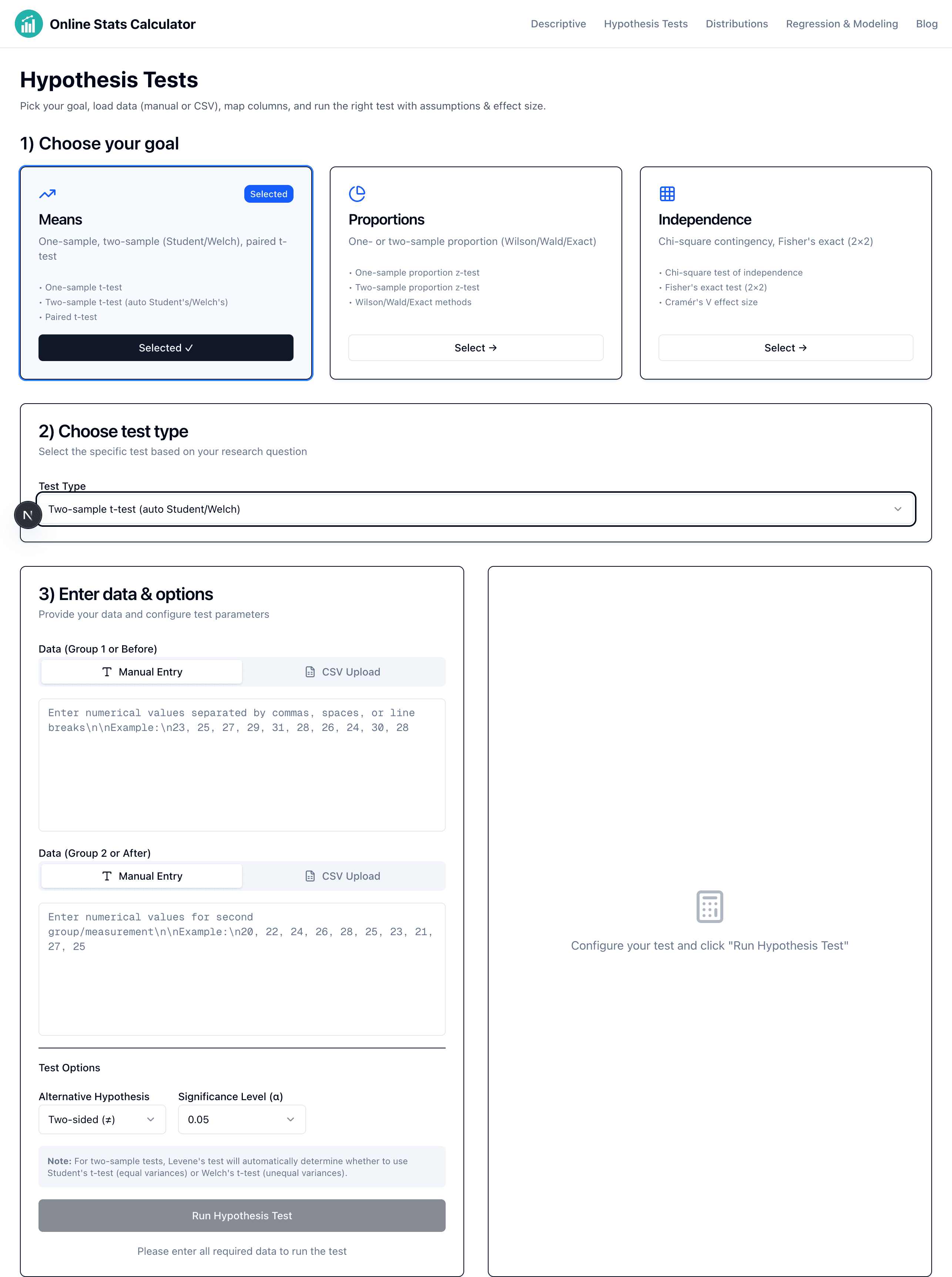 Data entry form showing two text boxes for Group 1 and Group 2 data