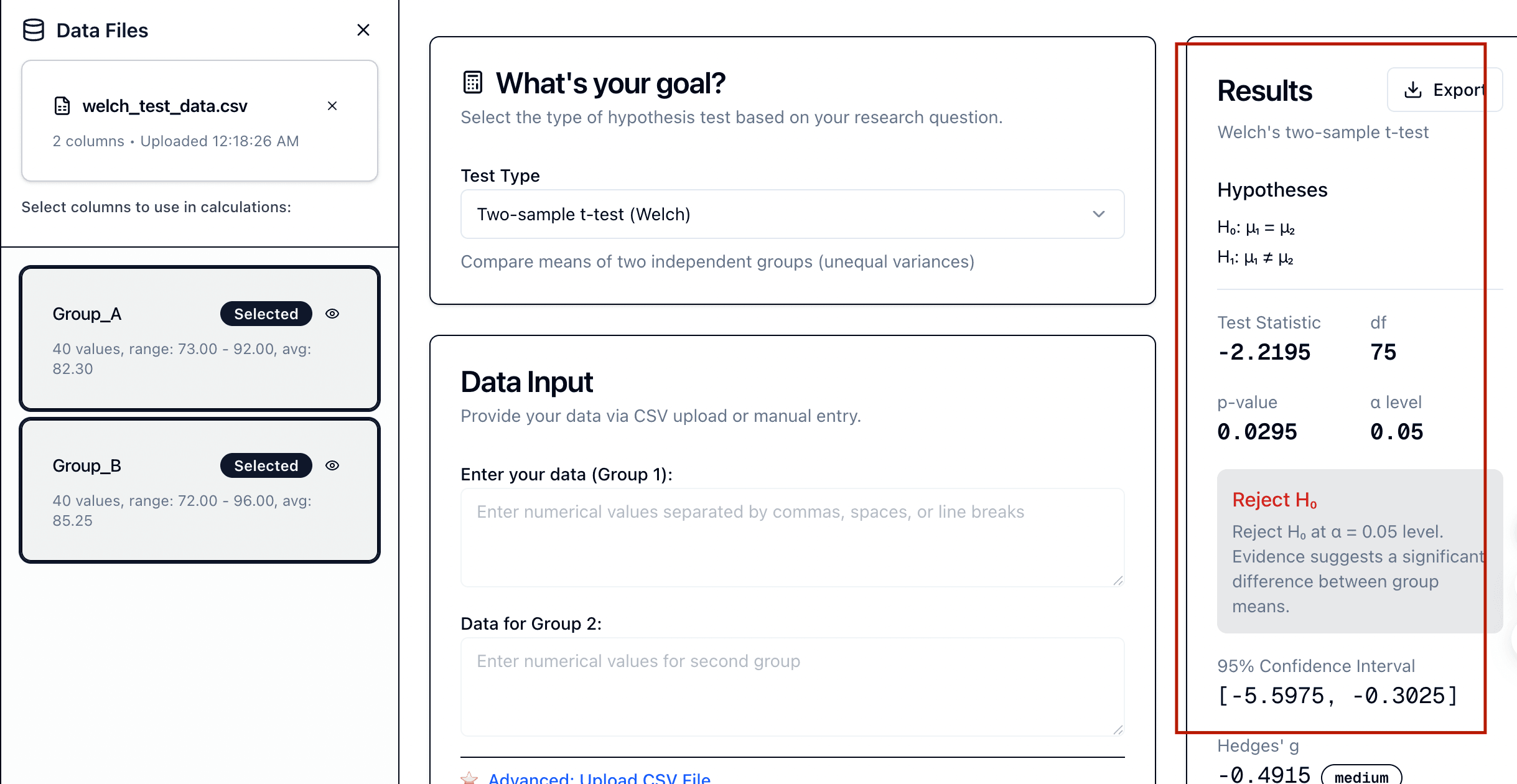 Welch's t-test results showing test statistics