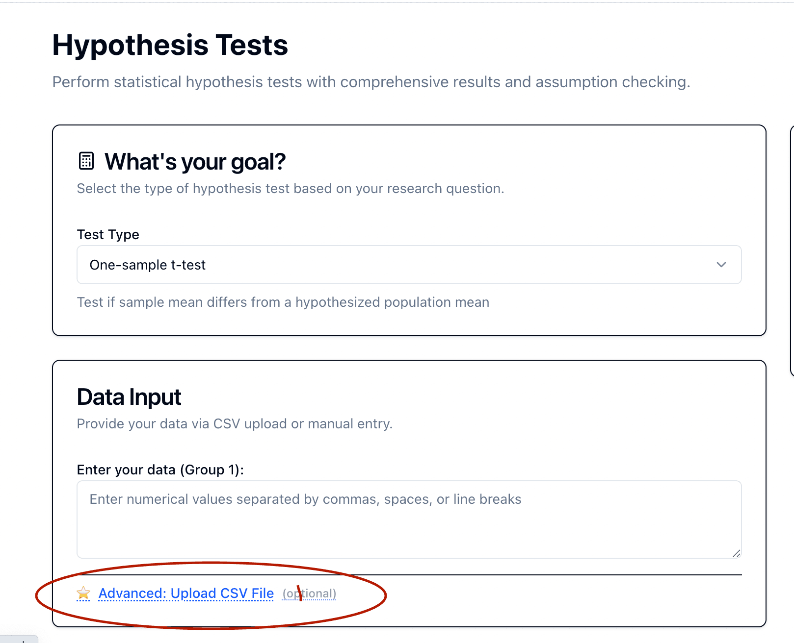 CSV upload section in the calculator