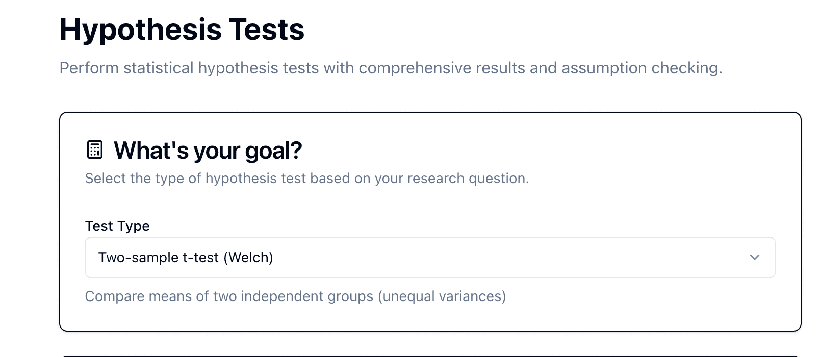 Selecting Welch's t-test in the calculator interface